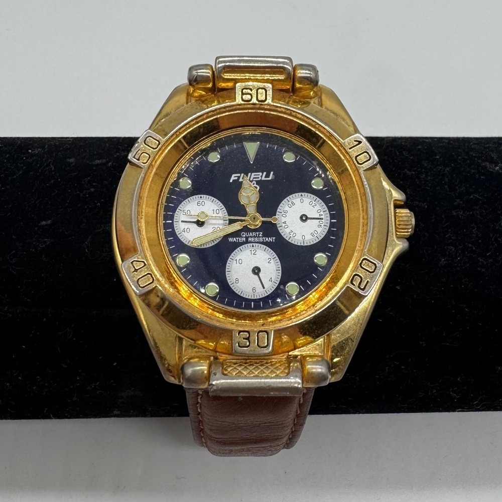 Y2k FUBU Mens Quartz Watch Gold Tone Blue Dial Brown Leather Strap 1224 need bat